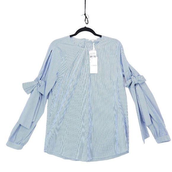 Pleione Tops - Pleione Cold Shoulder Blouse Long Sleeve Women Small Striped Tie Bow Button Down